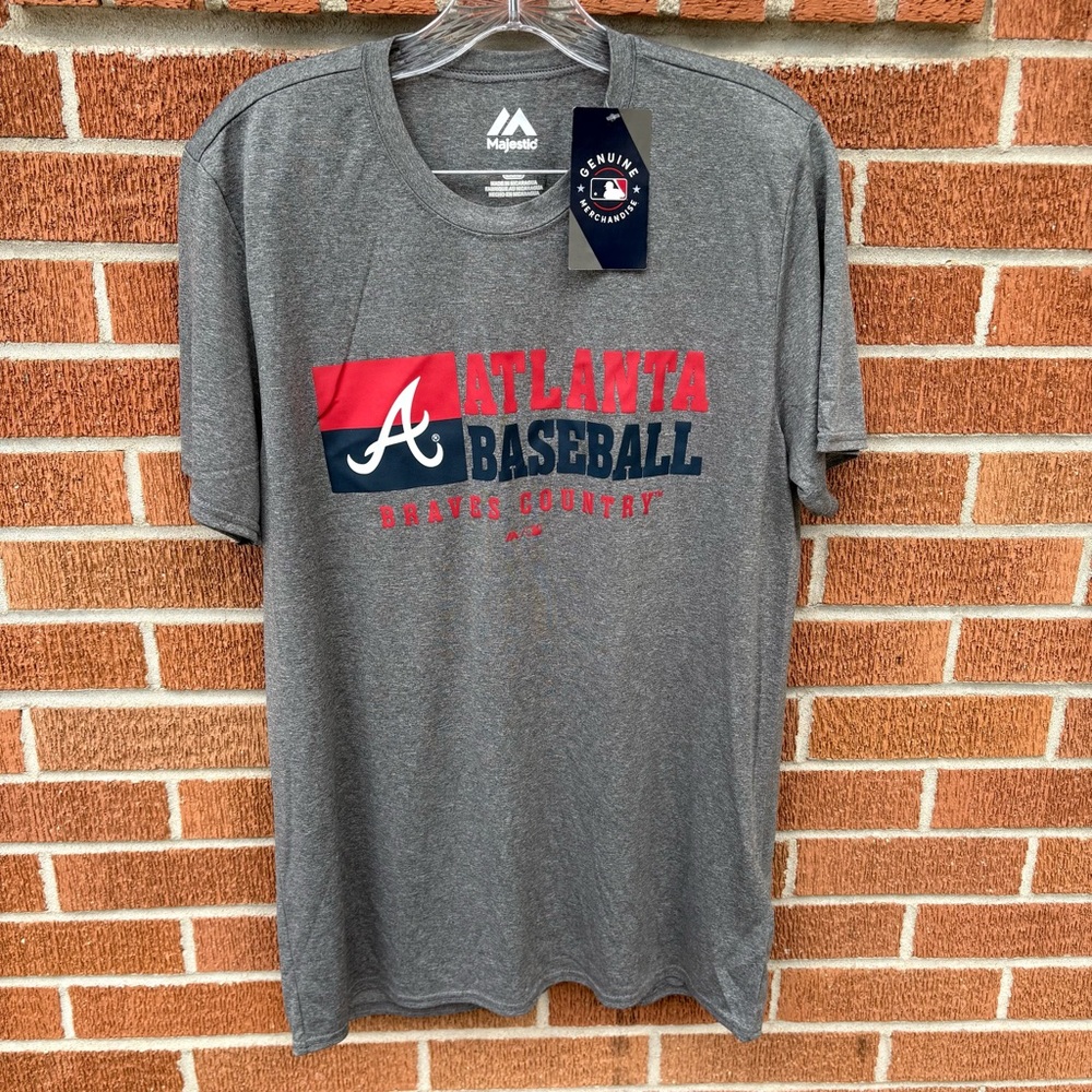 Majestic MLB Atlanta Braves Men’s L Gray Tee Shirt Short Sleeve Braves Country